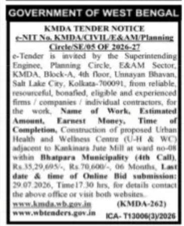 KMDA Tender Notice – Construction of Urban Health & Wellness Centre