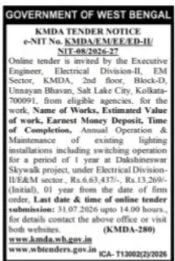 KMDA Tender Notice – Electrical Division-II Works