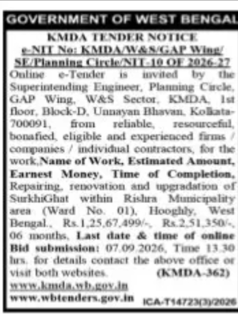 KMDA Tender – Repairing, Renovation and Upgradation of Surkhighat