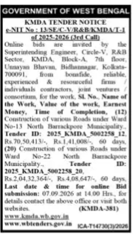 KMDA Tender – Road Construction in North Barrackpore