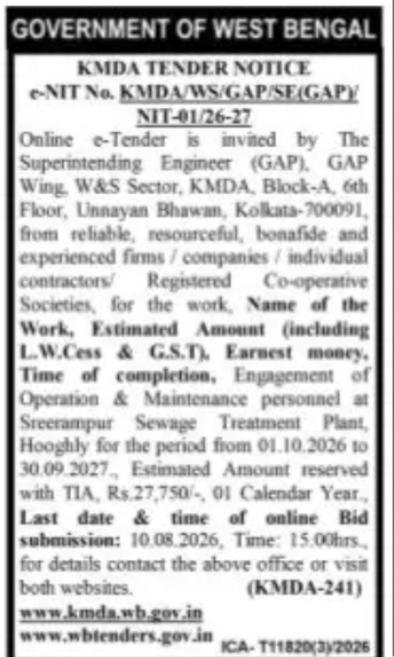 KMDA Tender – Sewage Treatment Plant Operation & Maintenance