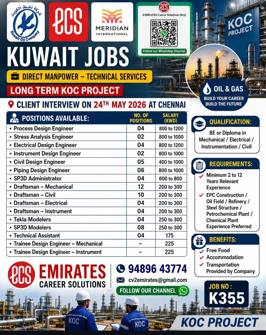 KOC Kuwait Hiring – Multiple Engineering & Design Jobs (Client Interview in Chennai)