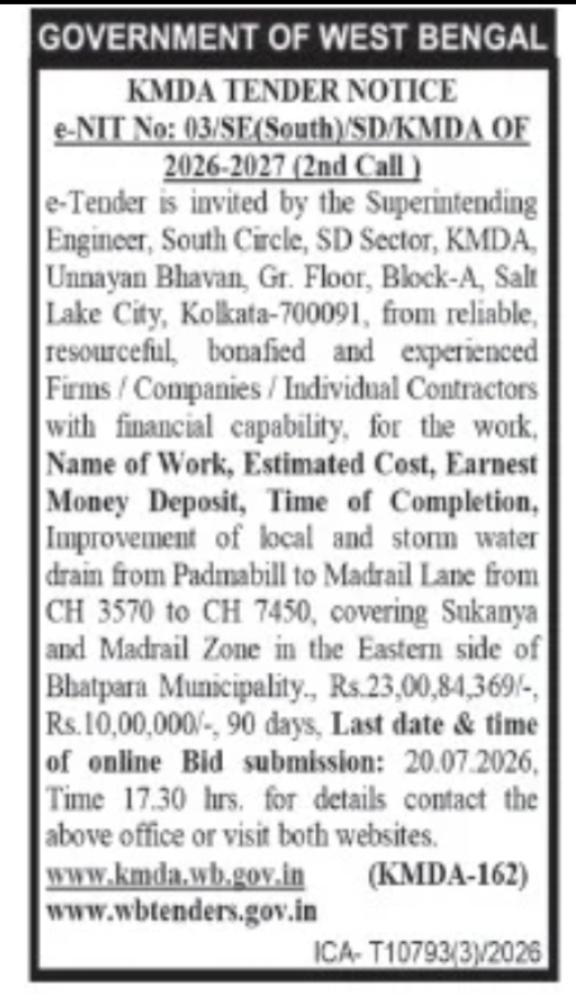 Kolkata Metropolitan Development Authority – e-NIT Tender Notice (South Circle)