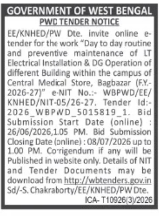 Kolkata North Health Electrical Division Tender Notice