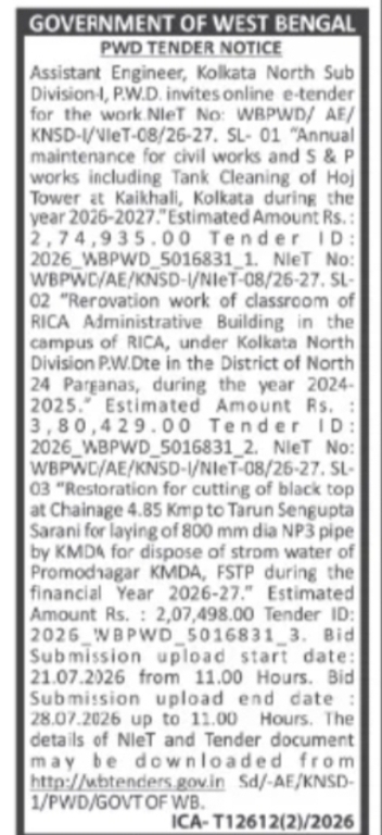 Kolkata North Sub Division-I, PWD – Maintenance & Restoration Works