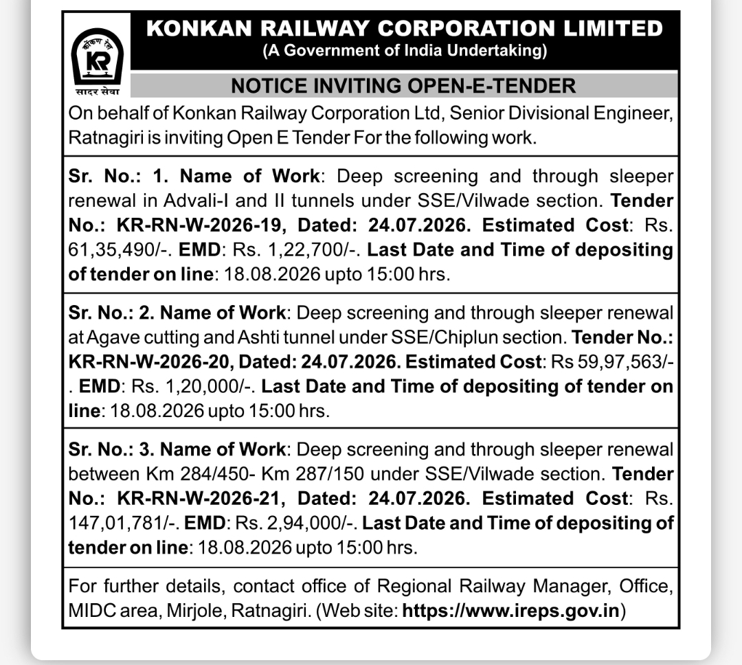 Konkan Railway Corporation Limited – Open E-Tender Notice 2026