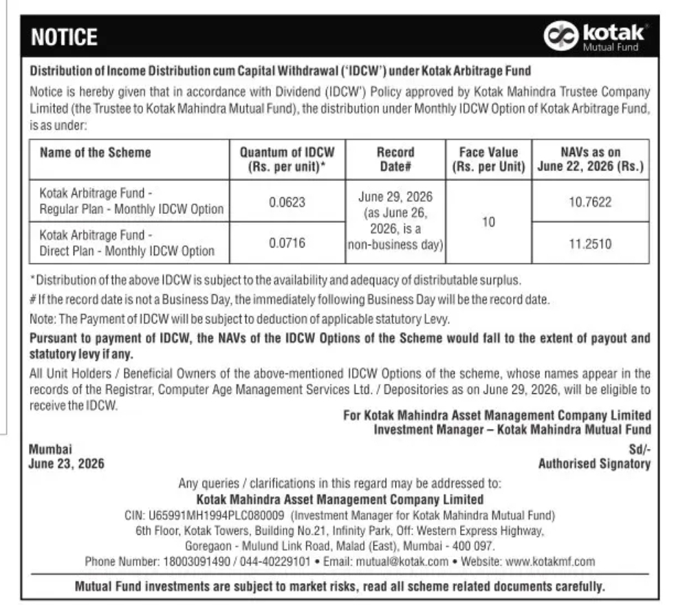 Kotak Arbitrage Fund Announces Monthly IDCW Distribution; Record Date Set for June 29, 2026