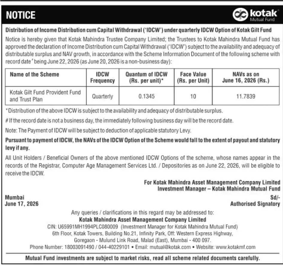 Kotak Gilt Fund – Declaration of IDCW under Quarterly Option (Record Date: 22 June 2026)