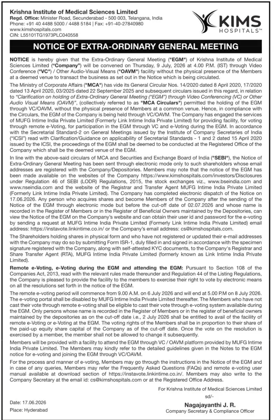 Krishna Institute of Medical Sciences Limited – Notice of Extra-Ordinary General Meeting (EGM)