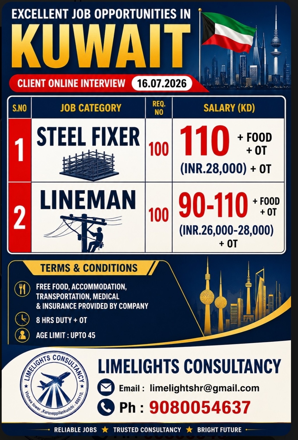 Kuwait Job Openings – Steel Fixer & Lineman | Online Interview on 16 July 2026