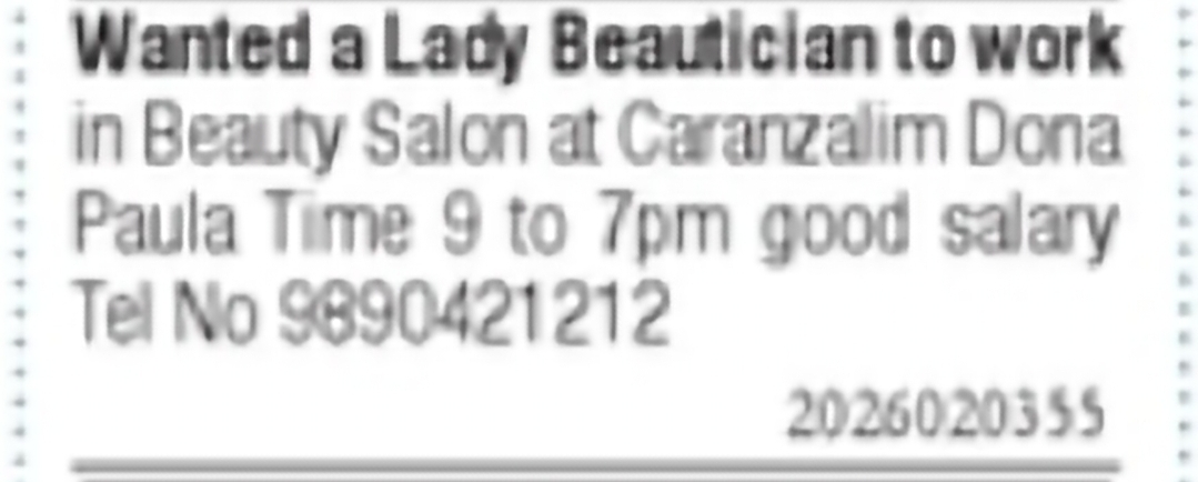 Lady Beautician Required – Dona Paula