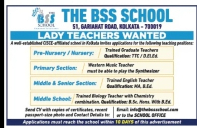 Lady Teachers Wanted – The BSS School, Kolkata