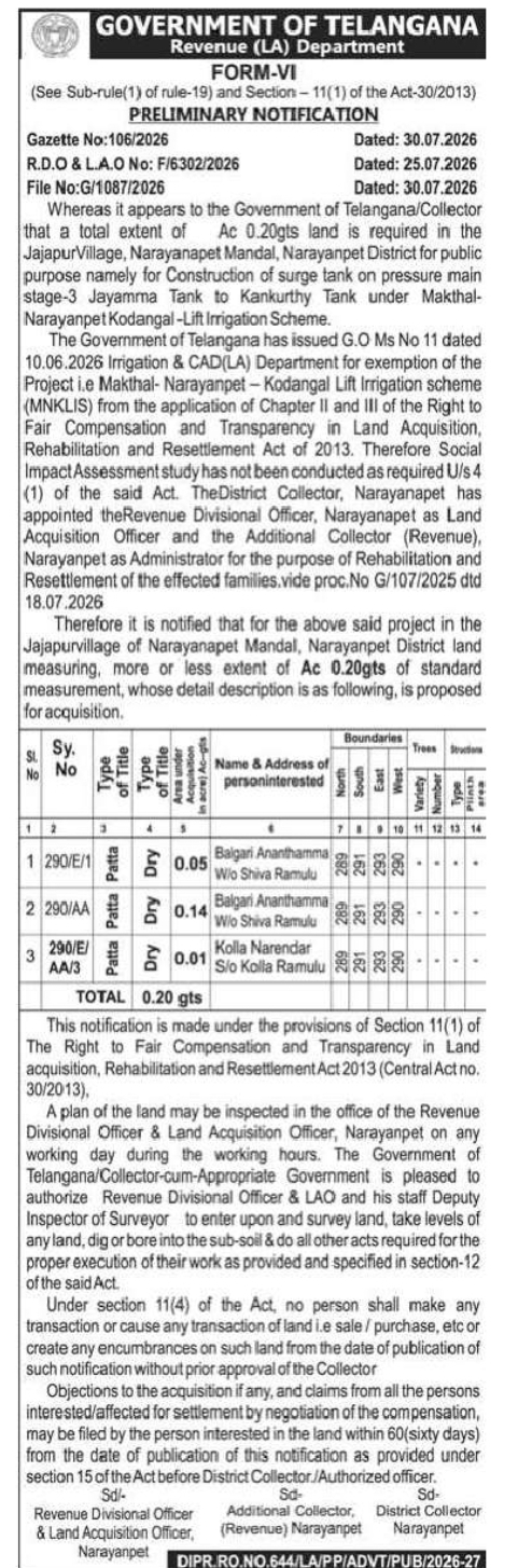 Land Acquisition Notification – Jajapur Village, Narayanpet District