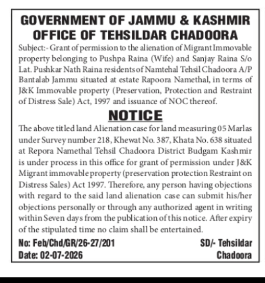 Land Alienation Notice – Migrant Property at Repora Namethal, Chadoora
