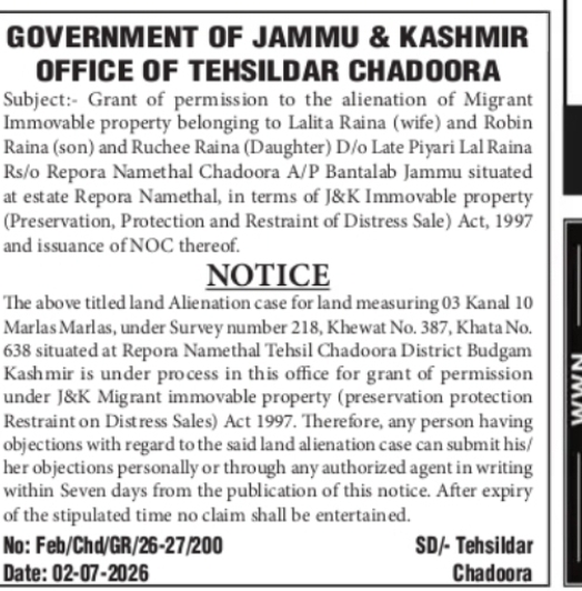 Land Alienation Notice – Migrant Property of Lalita Raina Family