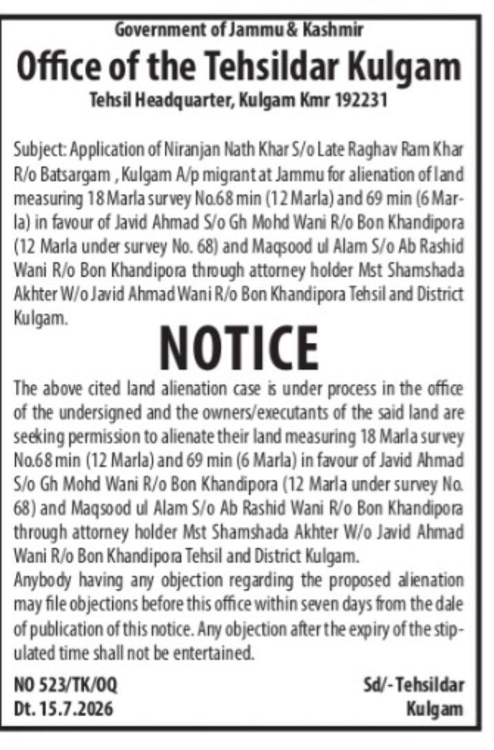 Land Alienation Permission Notice – Kulgam