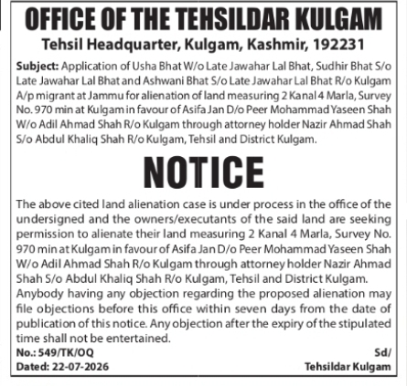 Land Alienation Permission Notice – Kulgam