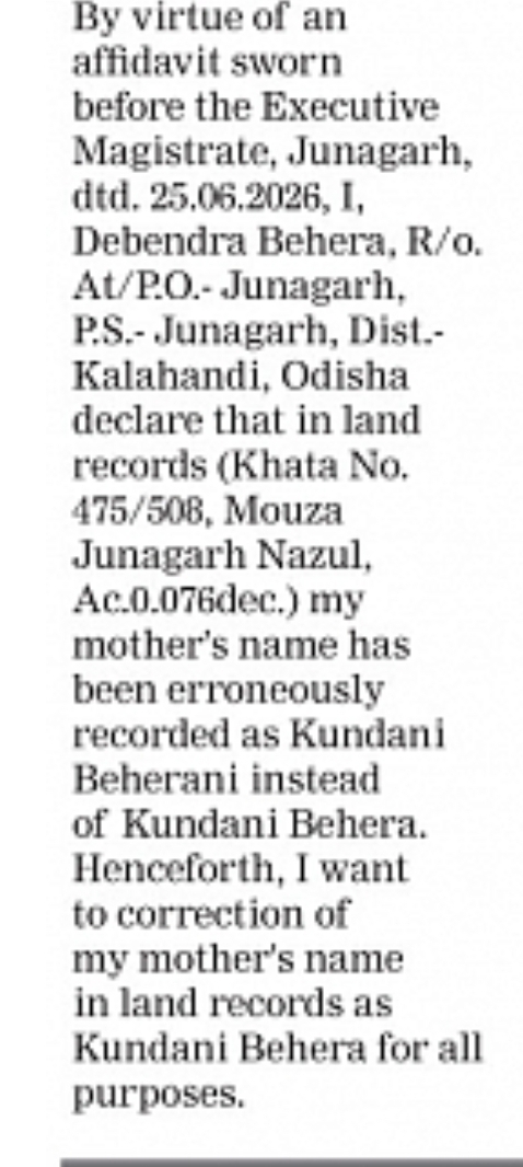 LAND RECORD NAME CORRECTION NOTICE  Kundani Behera
