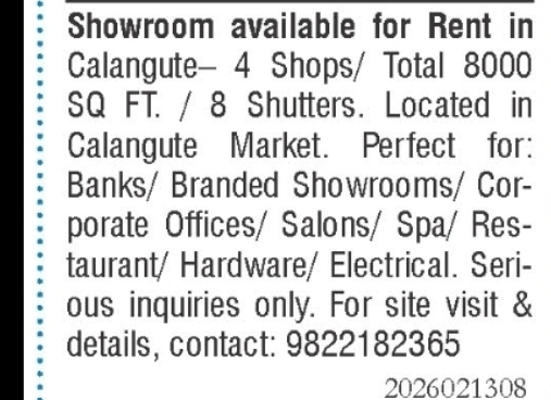 Large Commercial Showroom for Rent in Calangute Market