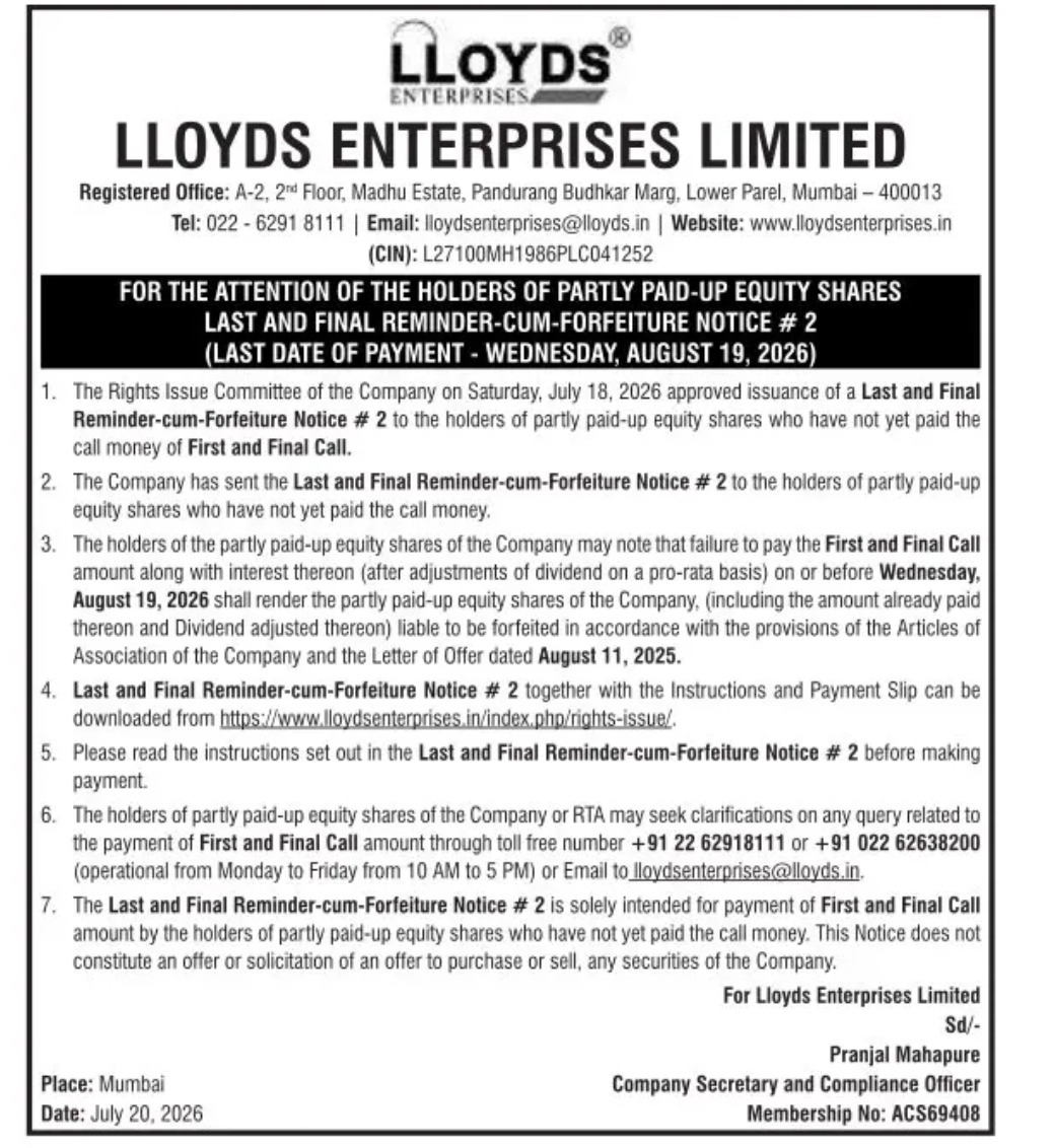 Last and Final Reminder for Payment of First and Final Call – Lloyds Enterprises Limited