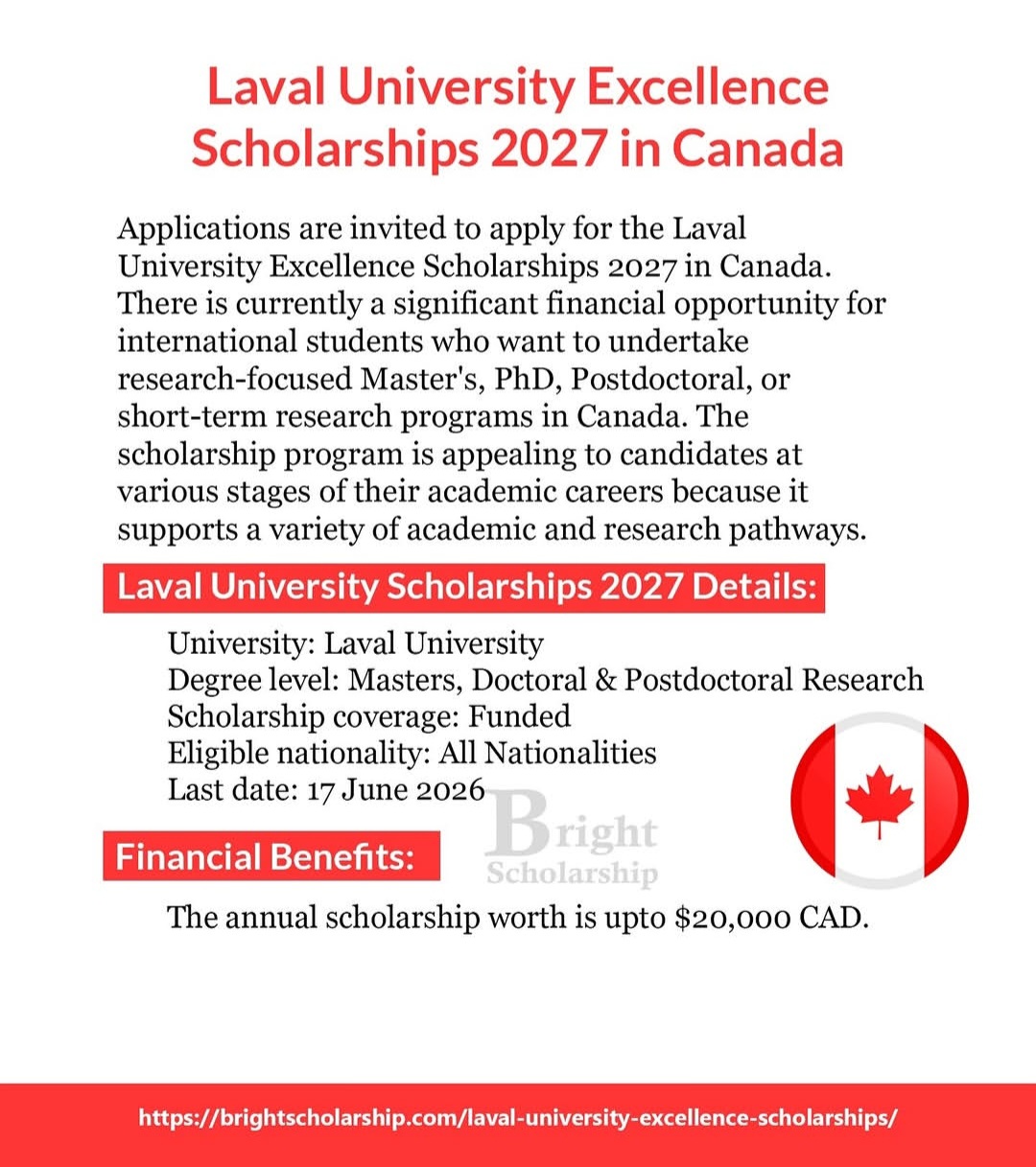 Laval University Excellence Scholarships 2027 in Canada