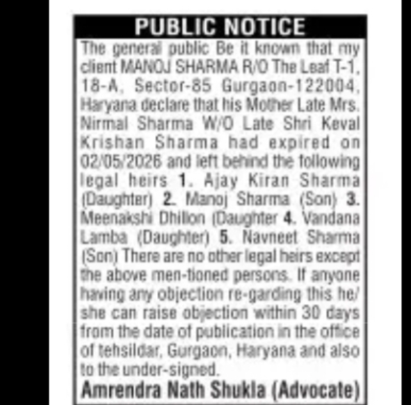 Legal Heirship Declaration Notice (Gurgaon, Haryana)