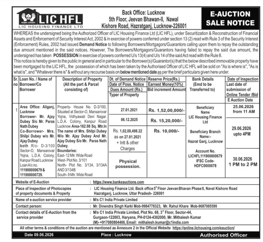 LIC Housing Finance Ltd. – E-Auction Sale Notice