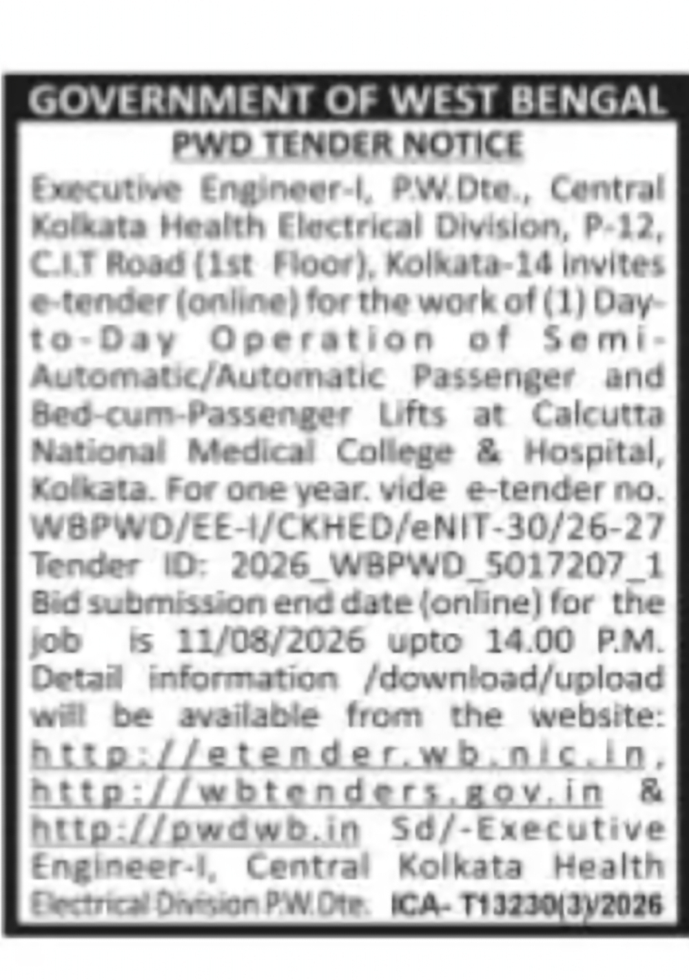 Lift Operation Services Tender – Calcutta National Medical College & Hospital