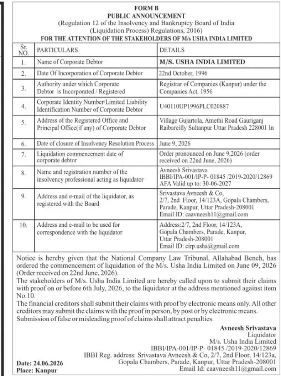 Liquidation Public Announcement – M/s. Usha India Limited