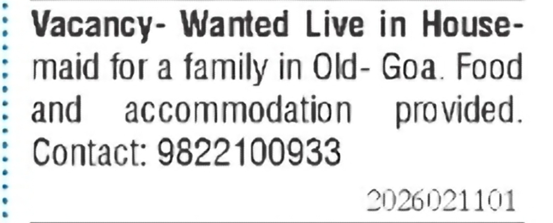 Live-in Housemaid Required