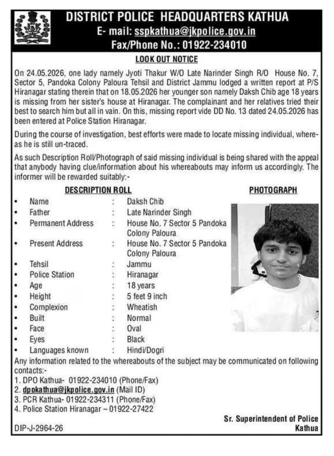 Look Out Notice: Missing Youth Daksh Chib from Jammu
