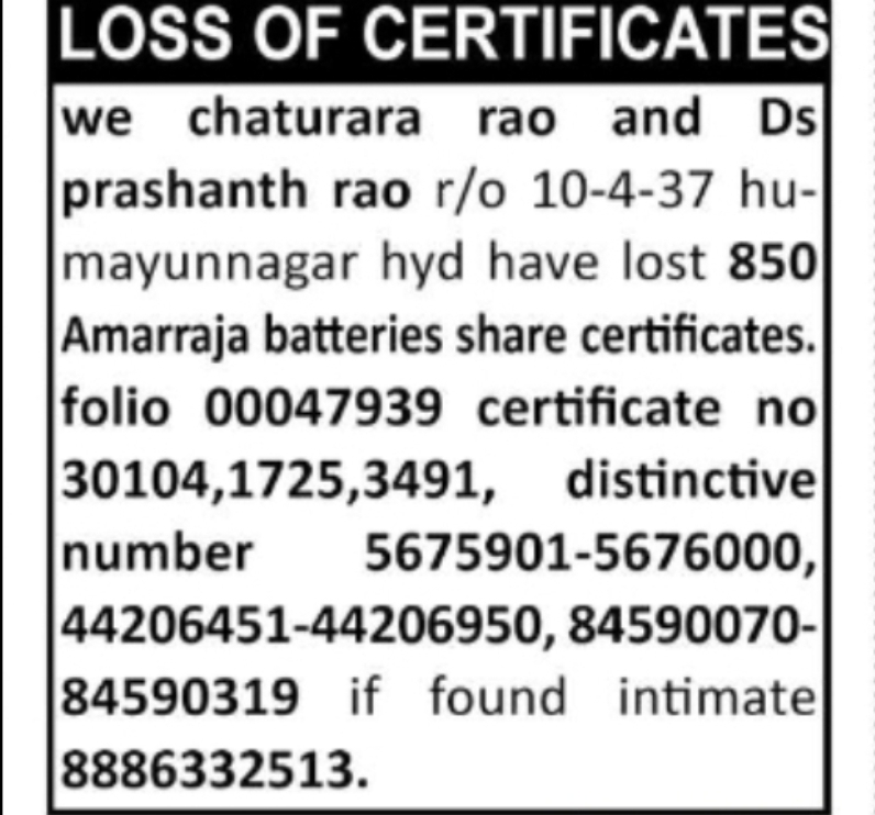 Loss of Amar Raja Batteries Share Certificates
