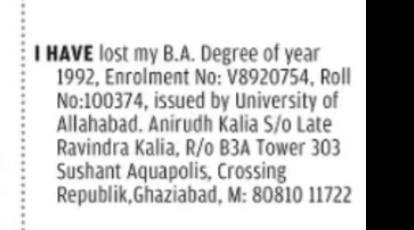 LOSS OF B.A. DEGREE CERTIFICATE (Uttar Pradesh)