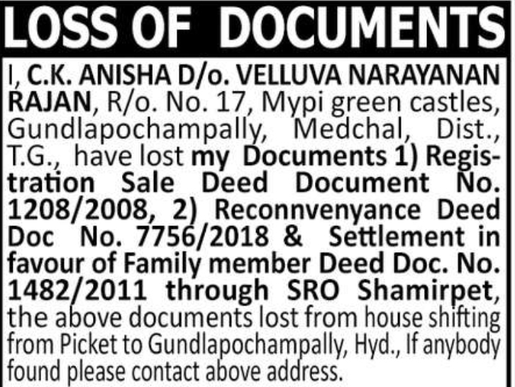 LOSS OF DOCUMENTS