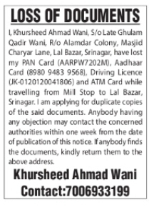 Loss of Important Documents – Khursheed Ahmad Wani