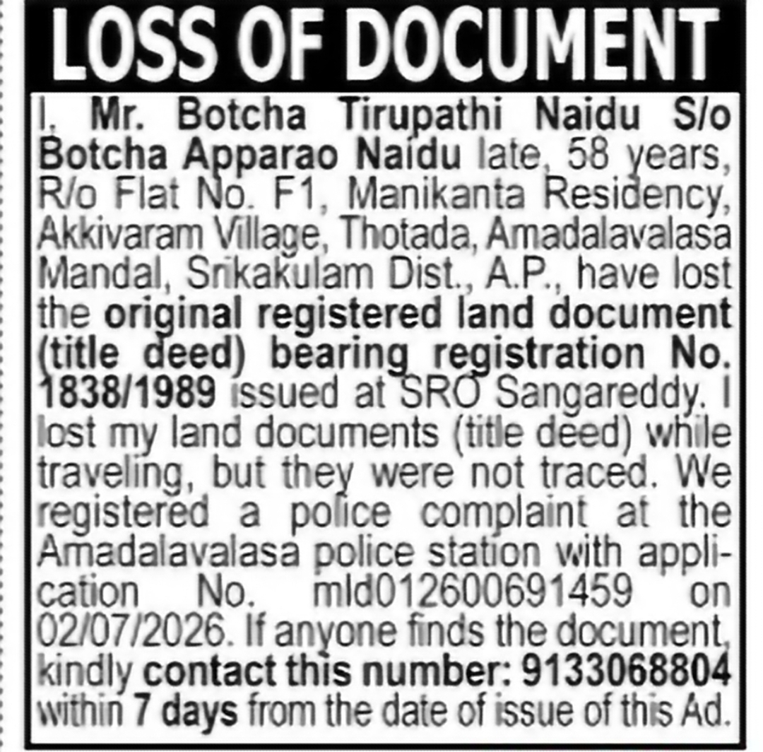 Loss of Original Land Title Deed – Sangareddy