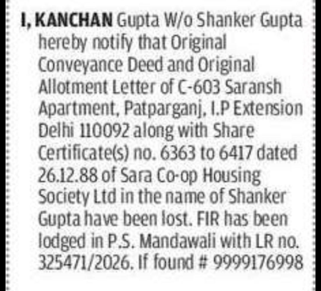 Loss of Original Property Documents and Share Certificates (Saransh Apartment, Delhi)