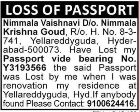 Loss of Passport Notice – Nimmala Vaishnavi
