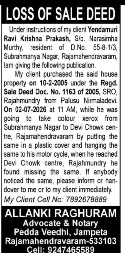 Loss of Sale Deed – Yendamuri Ravi Krishna Prakash