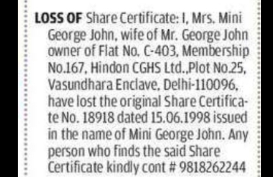 LOSS OF SHARE CERTIFICATE – MINI GEORGE JOHN