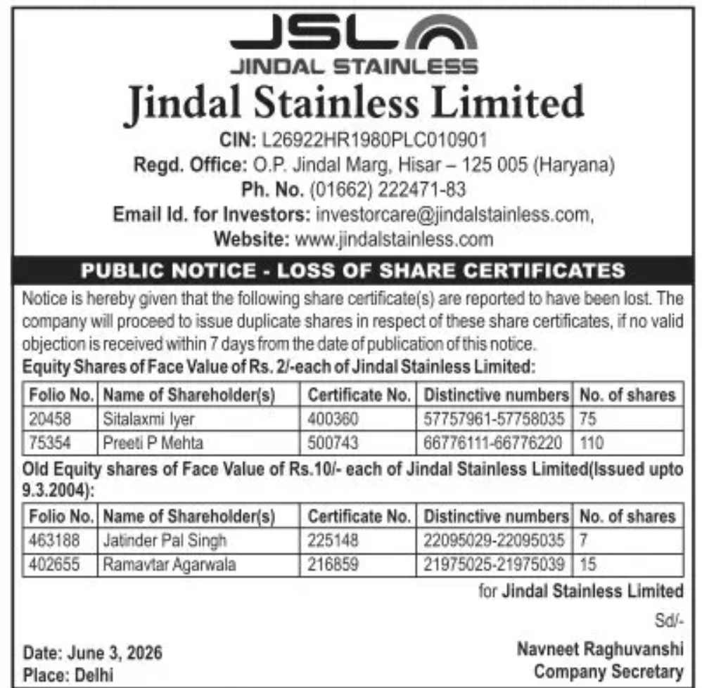 Loss of Share Certificates – Jindal Stainless Limited