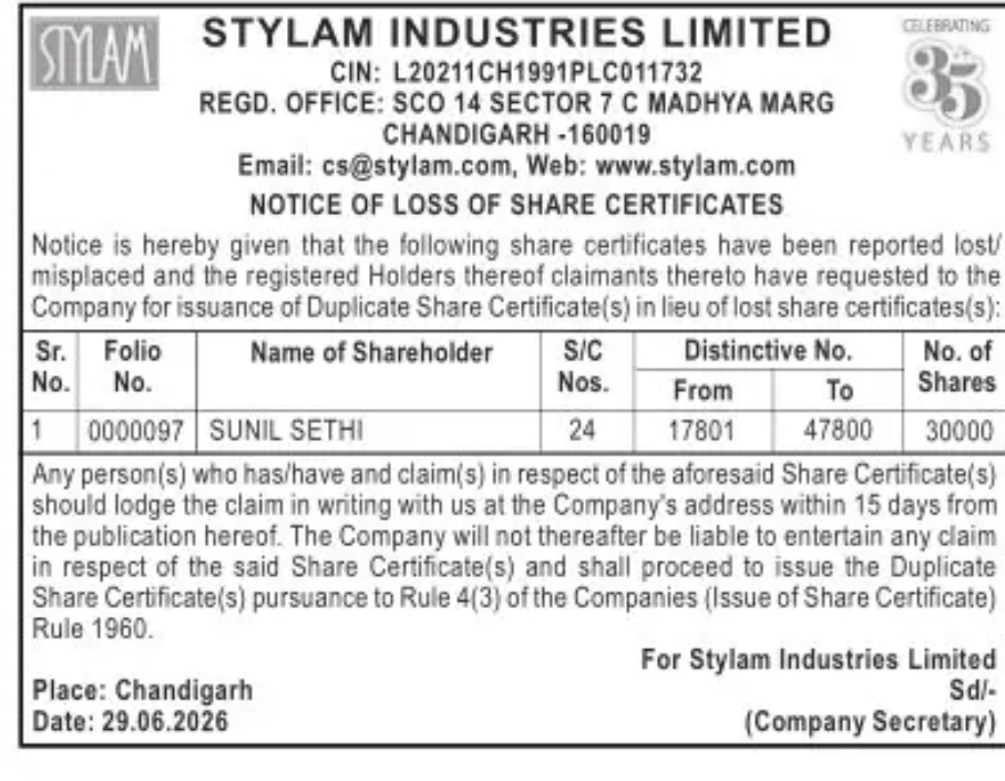 LOSS OF SHARE CERTIFICATES – STYLAM INDUSTRIES LIMITED