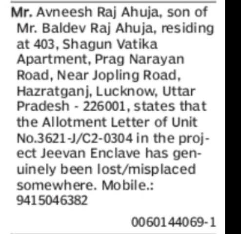LOST ALLOTMENT LETTER – JEEVAN ENCLAVE