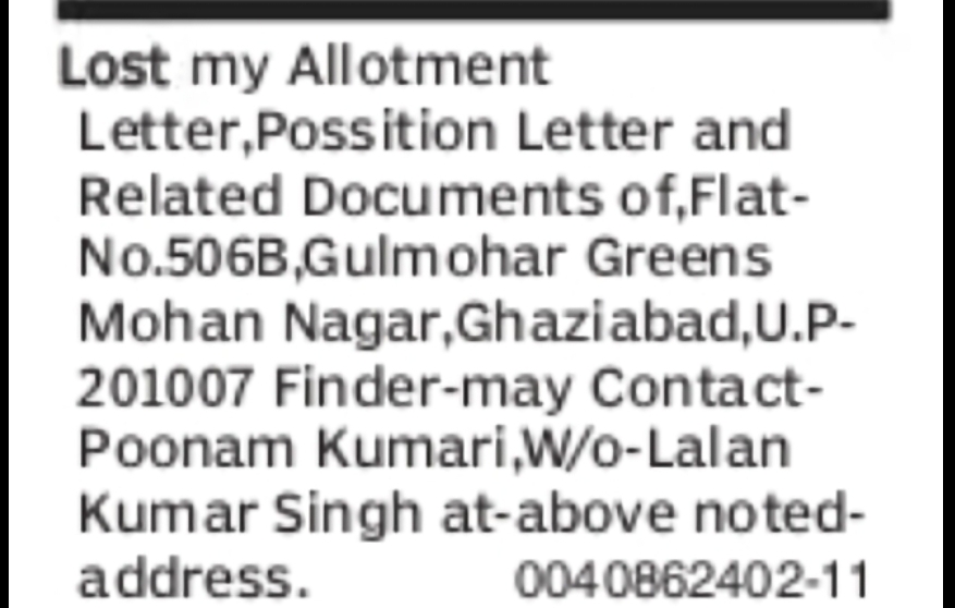 Lost Allotment & Possession Documents – Flat No. 506B, Ghaziabad