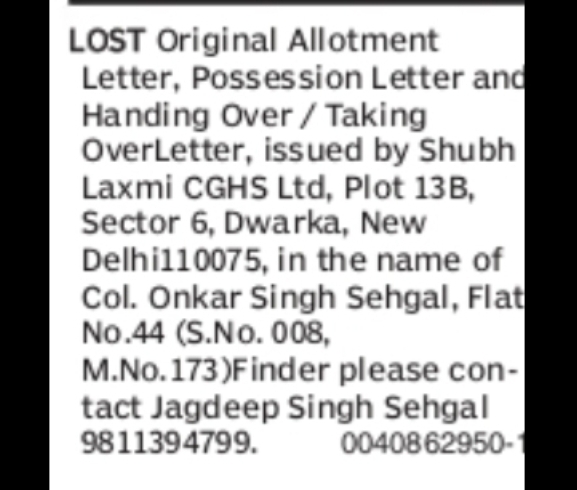 Lost Allotment / Possession / Handover Letters Notice (CGHS, Dwarka)