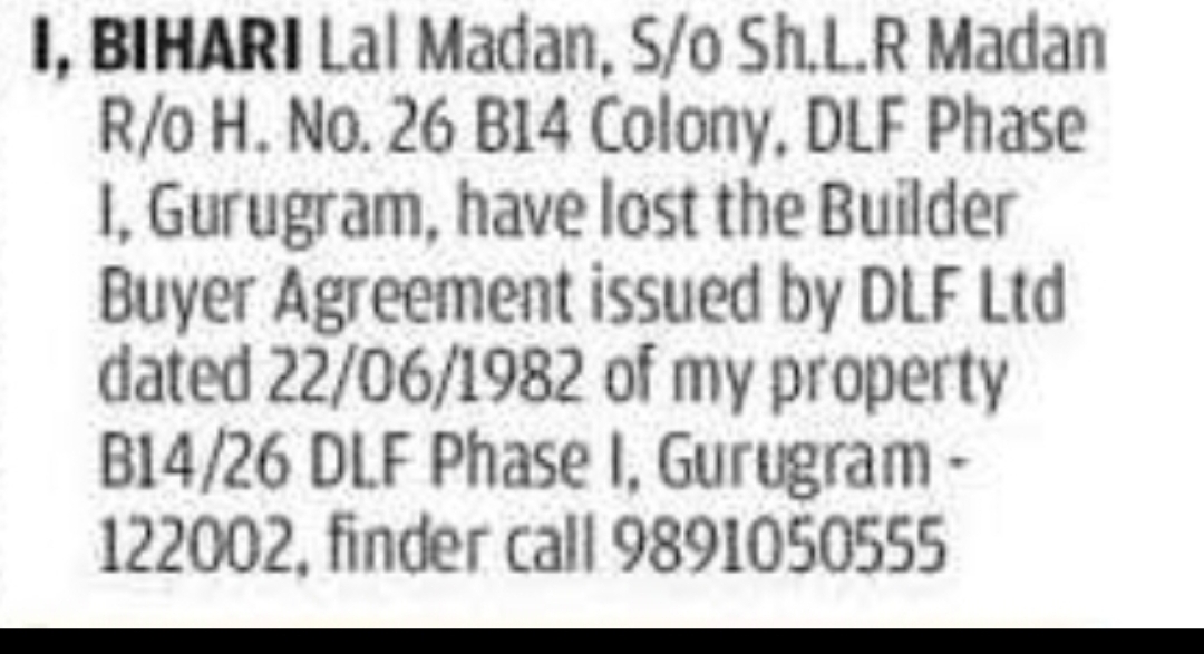 Lost Builder Buyer Agreement – DLF Phase I, Gurugraml