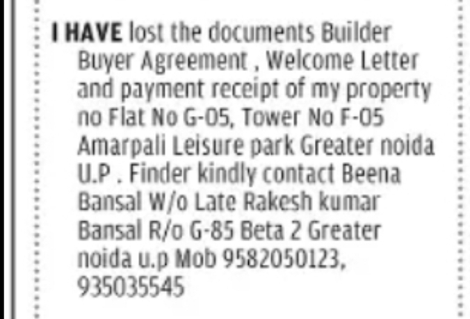 Lost Builder Buyer Agreement, Welcome Letter & Payment Receipt – Amrapali Leisure Park