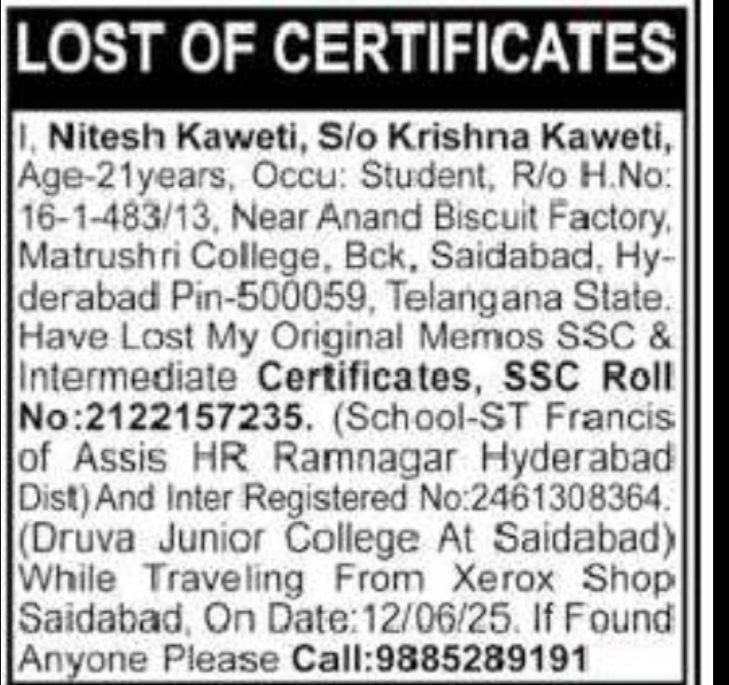 Lost Certificates Notice – Hyderabad