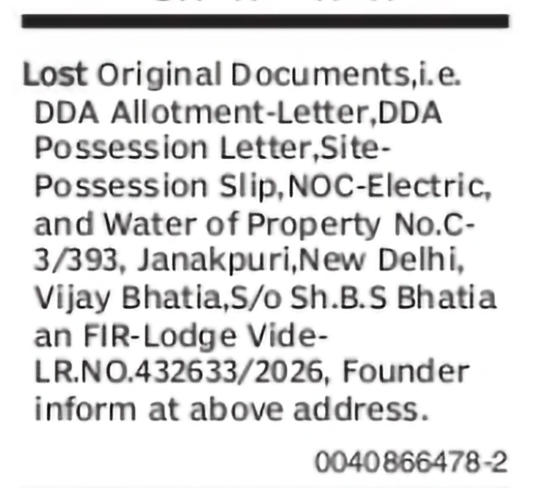 Lost DDA Property Documents – Janakpuri Delhi