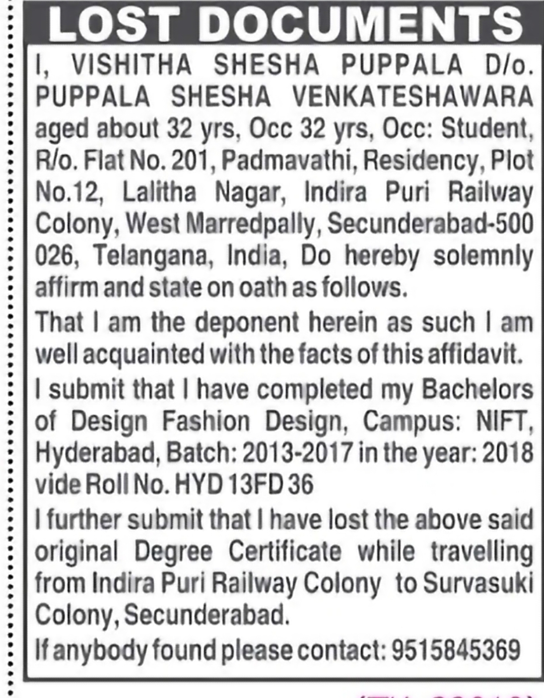 Lost Degree Certificate – Vishitha Shesha Puppala